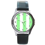 Vertical Stripes - White and Light Green Round Metal Watch