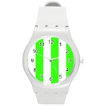 Vertical Stripes - White and Neon Green Round Plastic Sport Watch (M)
