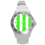 Vertical Stripes - White and Neon Green Round Plastic Sport Watch (L)