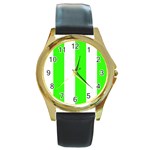 Vertical Stripes - White and Neon Green Round Gold Metal Watch