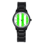 Vertical Stripes - White and Neon Green Stainless Steel Round Watch