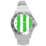 Vertical Stripes - White and Lime Green Round Plastic Sport Watch (L)
