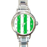 Vertical Stripes - White and Dark Pastel Green Round Italian Charm Watch