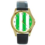 Vertical Stripes - White and Dark Pastel Green Round Gold Metal Watch