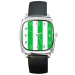 Vertical Stripes - White and Dark Pastel Green Square Metal Watch