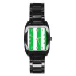 Vertical Stripes - White and Dark Pastel Green Stainless Steel Barrel Watch