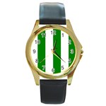 Vertical Stripes - White and Green Round Gold Metal Watch