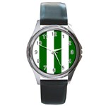 Vertical Stripes - White and Dark Green Round Metal Watch