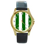 Vertical Stripes - White and Dark Green Round Gold Metal Watch