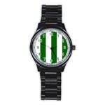 Vertical Stripes - White and Dark Green Stainless Steel Round Watch