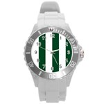 Vertical Stripes - White and Forest Green Round Plastic Sport Watch (L)