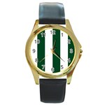 Vertical Stripes - White and Forest Green Round Gold Metal Watch