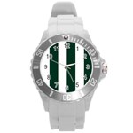 Vertical Stripes - White and Deep Green Round Plastic Sport Watch (L)