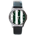 Vertical Stripes - White and Deep Green Round Metal Watch