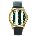 Vertical Stripes - White and Deep Green Round Gold Metal Watch