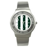 Vertical Stripes - White and Deep Green Stainless Steel Watch