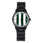 Vertical Stripes - White and Deep Green Stainless Steel Round Watch