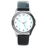 Vertical Stripes - White and Bubbles Cyan Round Metal Watch