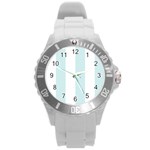 Vertical Stripes - White and Light Cyan Round Plastic Sport Watch (L)