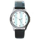 Vertical Stripes - White and Light Cyan Round Metal Watch
