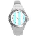 Vertical Stripes - White and Celeste Cyan Round Plastic Sport Watch (L)