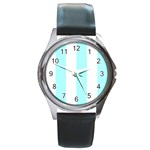 Vertical Stripes - White and Celeste Cyan Round Metal Watch