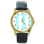 Vertical Stripes - White and Celeste Cyan Round Gold Metal Watch