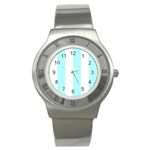 Vertical Stripes - White and Celeste Cyan Stainless Steel Watch
