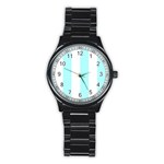Vertical Stripes - White and Celeste Cyan Stainless Steel Round Watch