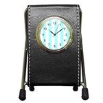 Vertical Stripes - White and Celeste Cyan Pen Holder Desk Clock