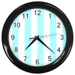 Vertical Stripes - White and Celeste Cyan Wall Clock (Black)