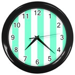 Vertical Stripes - White and Aquamarine Wall Clock (Black)
