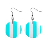 Vertical Stripes - White and Aqua Cyan 1  Button Earrings