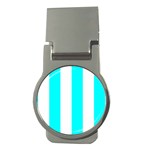 Vertical Stripes - White and Aqua Cyan Money Clip (Round)