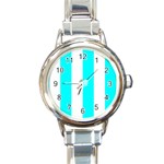 Vertical Stripes - White and Aqua Cyan Round Italian Charm Watch