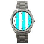 Vertical Stripes - White and Aqua Cyan Sport Metal Watch
