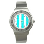 Vertical Stripes - White and Aqua Cyan Stainless Steel Watch