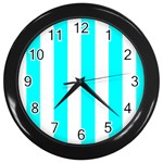 Vertical Stripes - White and Aqua Cyan Wall Clock (Black)