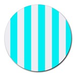 Vertical Stripes - White and Aqua Cyan Round Mousepad
