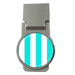 Vertical Stripes - White and Bright Turquoise Money Clip (Round)