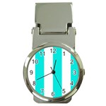 Vertical Stripes - White and Bright Turquoise Money Clip Watch