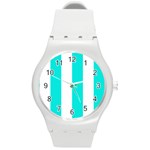 Vertical Stripes - White and Bright Turquoise Round Plastic Sport Watch (M)