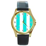 Vertical Stripes - White and Bright Turquoise Round Gold Metal Watch