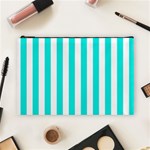 Vertical Stripes - White and Bright Turquoise Cosmetic Bag (L)