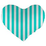 Vertical Stripes - White and Bright Turquoise Large 19  Premium Flano Heart Shape Cushion