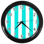 Vertical Stripes - White and Bright Turquoise Wall Clock (Black)