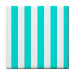 Vertical Stripes - White and Bright Turquoise Tile Coaster