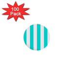 Vertical Stripes - White and Bright Turquoise 1  Mini Button (100 pack)
