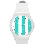Vertical Stripes - White and Turquoise Round Plastic Sport Watch (M)