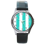 Vertical Stripes - White and Turquoise Round Metal Watch